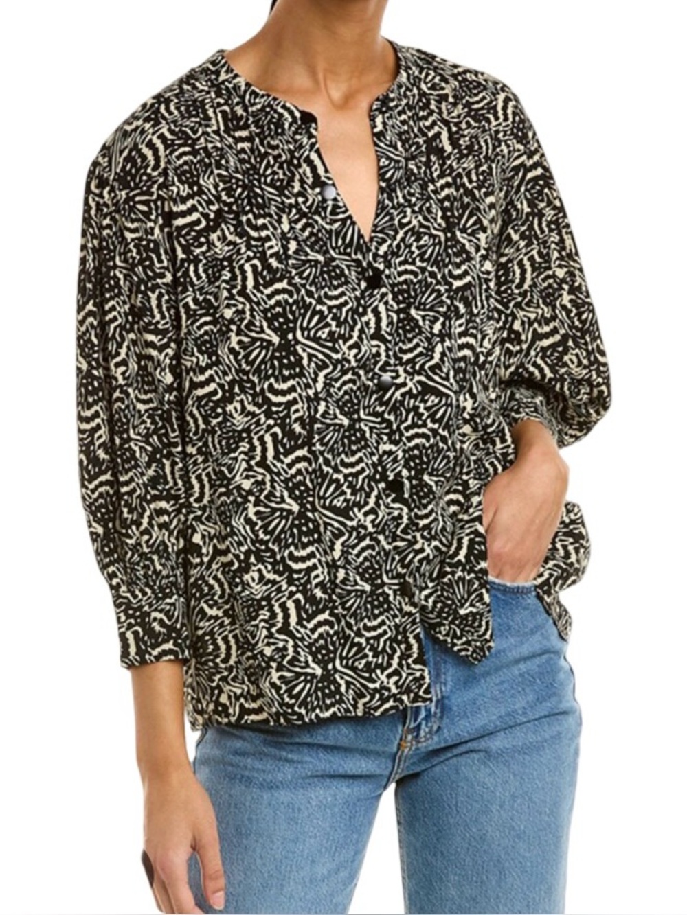 ba&sh Black Ivory Lio Abstract Print Lio Pintuck Pleated Blouse Extra Small XS